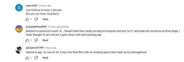 Les commentaires YouTube montrent que les joueurs deviennent nostalgiques de Destiny.