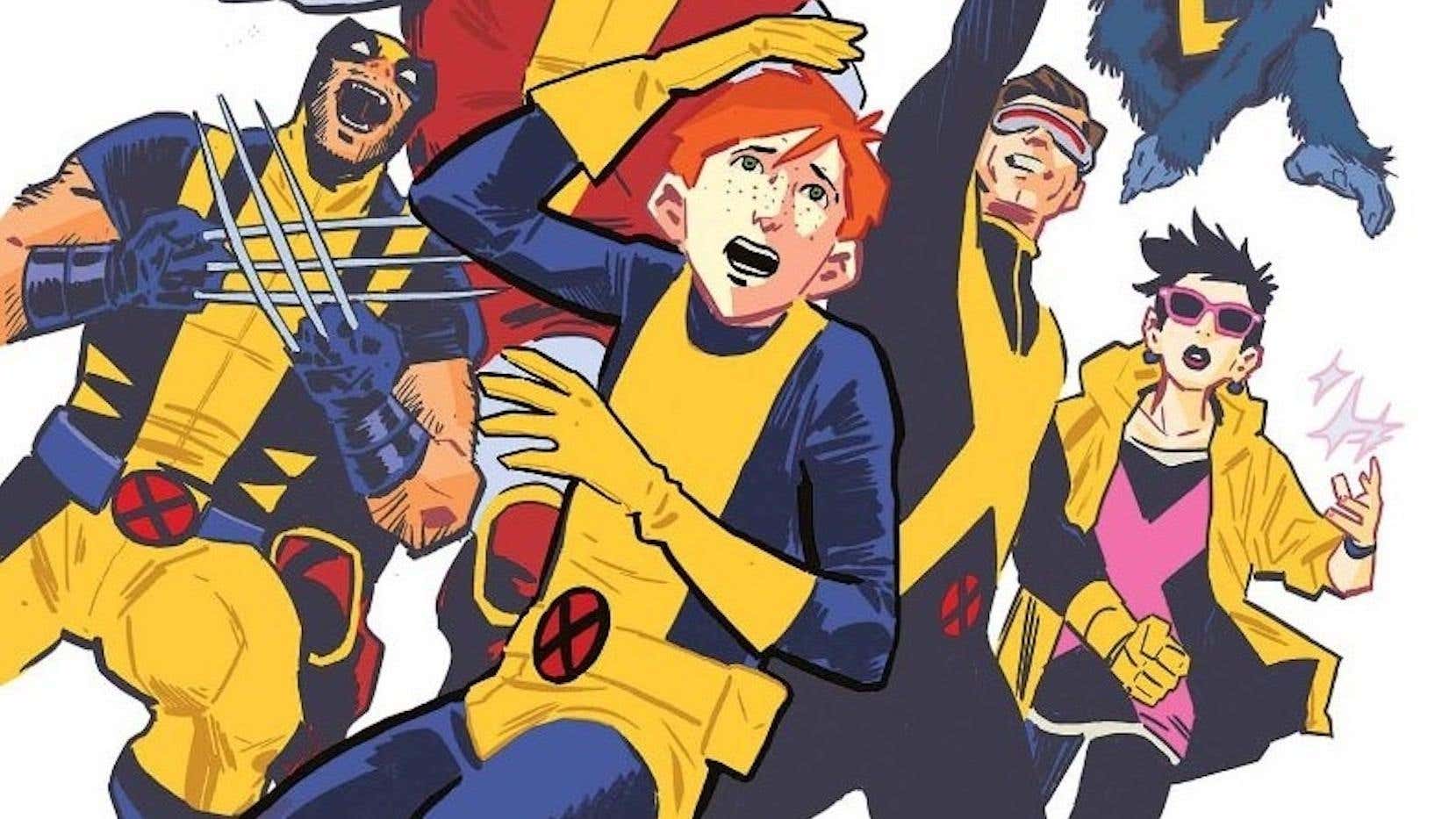 Un enfant débile se recroqueville tandis que les X-men se préparent au combat derrière lui.