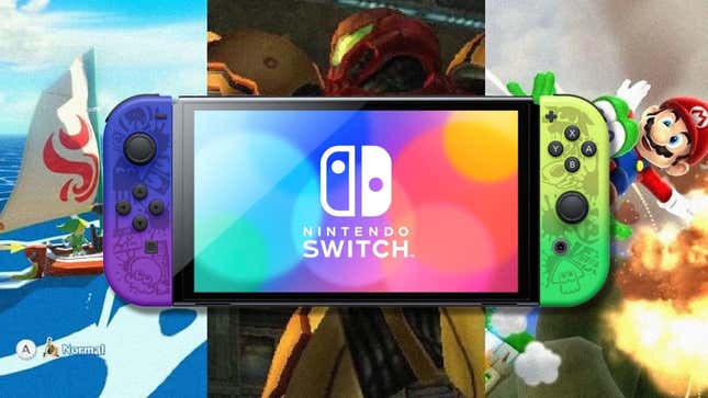 L’illustration montre une Nintendo Switch OLED au-dessus de Wind Waker, Metroid Prime 2 et Mario Galaxy 2.