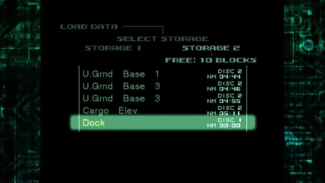 Une capture d'écran montre un fichier enregistré pour Metal Gear Solid 1.