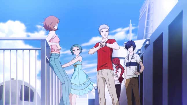 Yukari, Fuuka, Akihiko, Mitsuru et Makoto se tiennent sur un bateau.