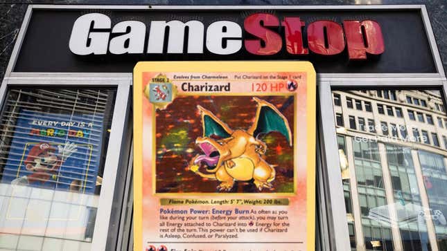 Une carte Charizard apparaît devant GameStop.