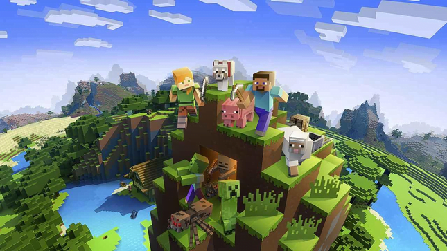 Steve et d'autres personnages de Minecraft se tiennent sur une colline en blocs