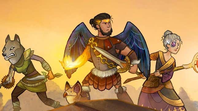 Un groupe de personnages de Wildermyth est prêt au combat.