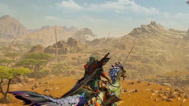 Une capture d'écran de Monster Hunter Wilds montrant le protagoniste sur un monstre montable.