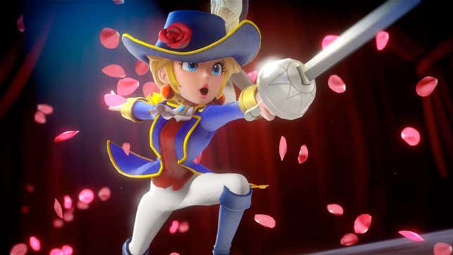 Une capture d'écran de la princesse Peach dans sa tenue d'épée dans Princess Peach : Showtime !