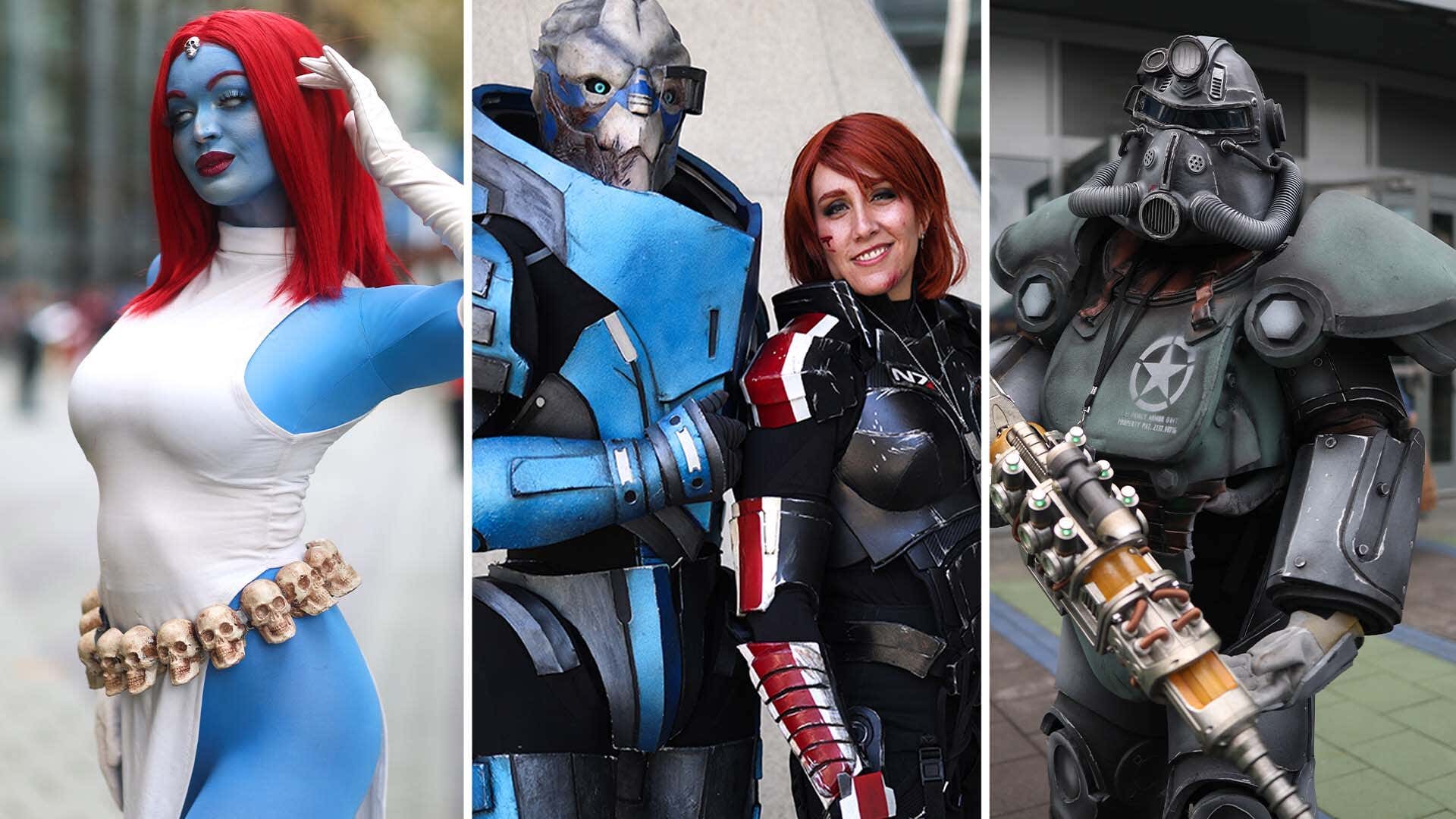 Les cosplayers de Mystique, Garrus, Fem Shep et Fallout se tiennent à la WonderCon 2024.