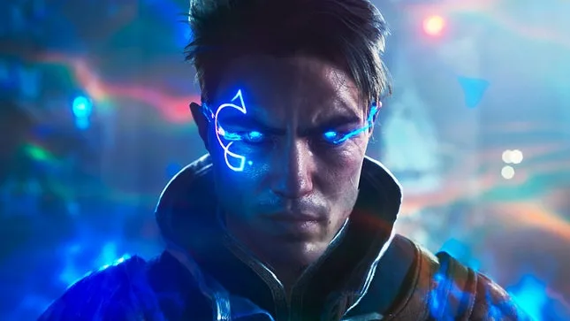 Une image montre un homme CG avec un tatouage bleu brillant sur le visage.