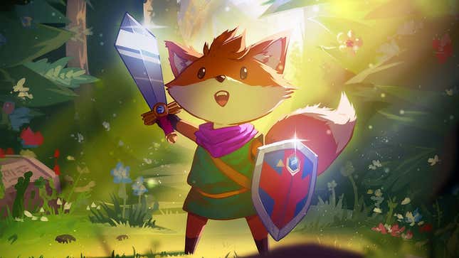 Le protagoniste de Tunic, un renard anthropomorphe, tient une épée dans sa main droite et un bouclier dans sa main gauche alors qu'il se tient dans une forêt.