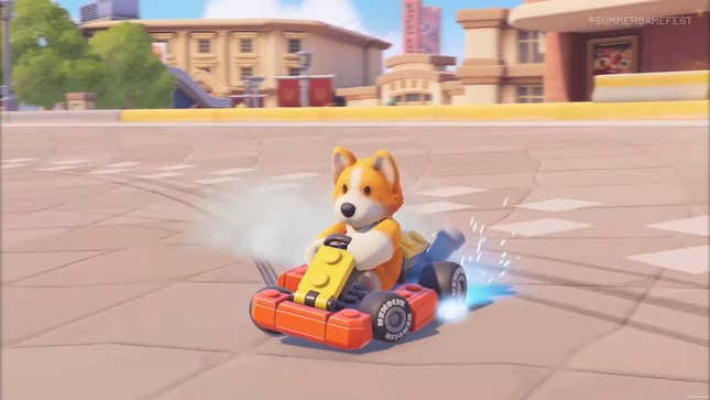 A corgi drives a go-cart.