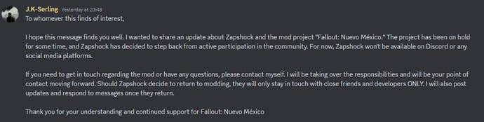 La déclaration sur le serveur Discord de Fallout Nuevo Mexico confirmant qu'il est en attente.