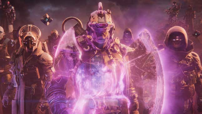 Une capture d'écran d'une cinématique de Destiny 2 : The Final Shape montrant de nombreux gardiens face à la caméra.  À l'avant et au centre se trouve un Titan qui utilise le nouveau Void Super à sa disposition.