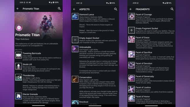 Une série de captures d'écran de l'application compagnon Destiny 2 montre des options pour la sous-classe Prismatic Titan.