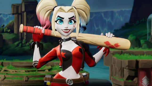 Harley Quinn tient une batte.