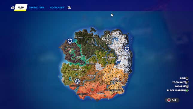 Une carte montre les emplacements sur l’île Fortnite.