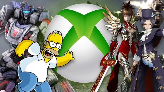 Homer, Optimus et d'autres personnages se tiennent devant un logo Xbox 360.