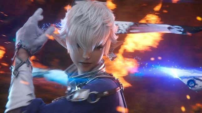 Alphinaud brandissant ses armes Sage au combat