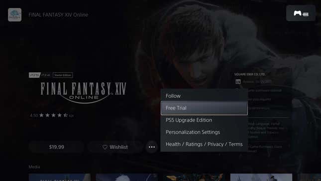 Une capture d'écran d'une page de magasin sur PSN montre l'option d'essai gratuit pour FF14.