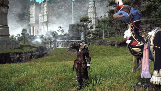 A player character in Final Fantasy XIV drinks something while standing in a field of grass next to a chocobo.