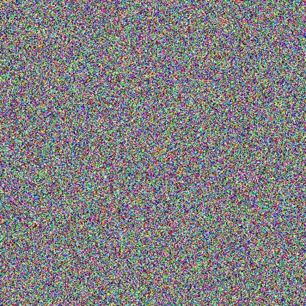 Un groupe de pixels colorés constitué de bruit gaussien aléatoire occupant toute la toile, représentant une image générée par l'IA non débruitée ;  pointillisme numérique