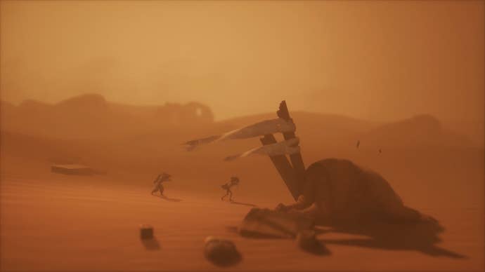 Seul et Low traversant une tempête de sable dans le désert dans Little Nightmares 3.