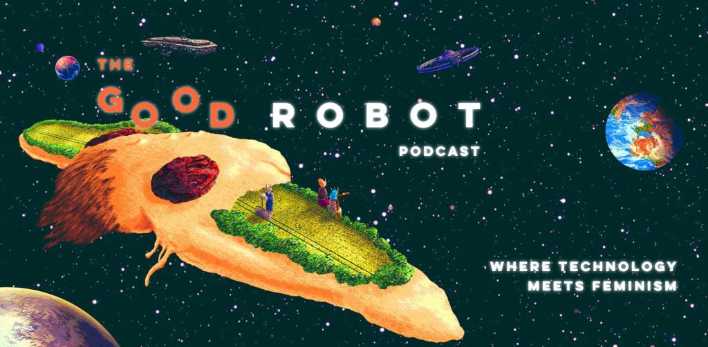 Scène spatiale avec des mots Good Robot Podcast