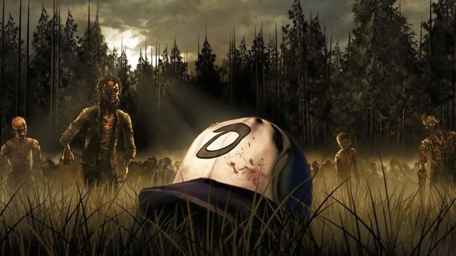 Une casquette de baseball ensanglantée repose dans un champ rempli de zombies