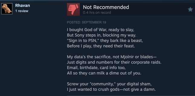 Une capture d'écran d'une lecture de critique Steam, "J'ai acheté God of War, prêt à tuer, mais Sony intervient, bloquant le passage. 