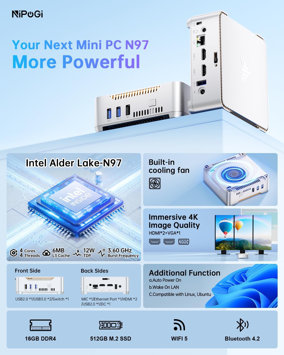 1730005758_454_NiPoGi-GK3-Plus-Mini-PC-Ιntel-Alder-Lake-N97Βeat-N95N100-jusqua NiPoGi GK3 Plus Mini PC Ιntel Alder Lake-N97(Βeat N95/N100, jusqu'à 3,60 GHz), 16Go DDR4 512Go M.2 SSD Mini Ordinateur de Bureau Double WiFi, Tour PC Triple écran 4K UHD avec VESA pour l'école/Bureau  ( <del>249,00€</del> - 199,00€ ) Shopping 