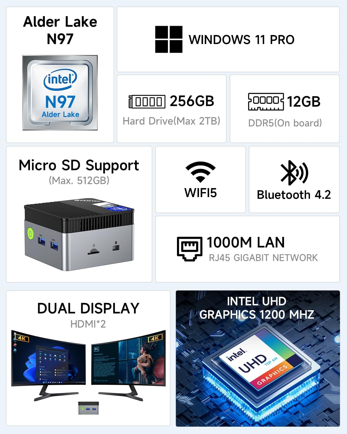 1730534750_540_Mini-PC-N97-avec-Win-11-Pro-Micro-Ordinateur-de Mini PC N97 avec Win 11 Pro, Micro Ordinateur de Bureau G5, Intel Alder Lake N97 de 12e génération (jusqu'à 3,60 GHz) (battu N100/N95/N5105) 12 Go DDR5 256 Go SSD Micro PC, école, Bureau  ( <del>229,95€</del> - 159,95€ ) Shopping 