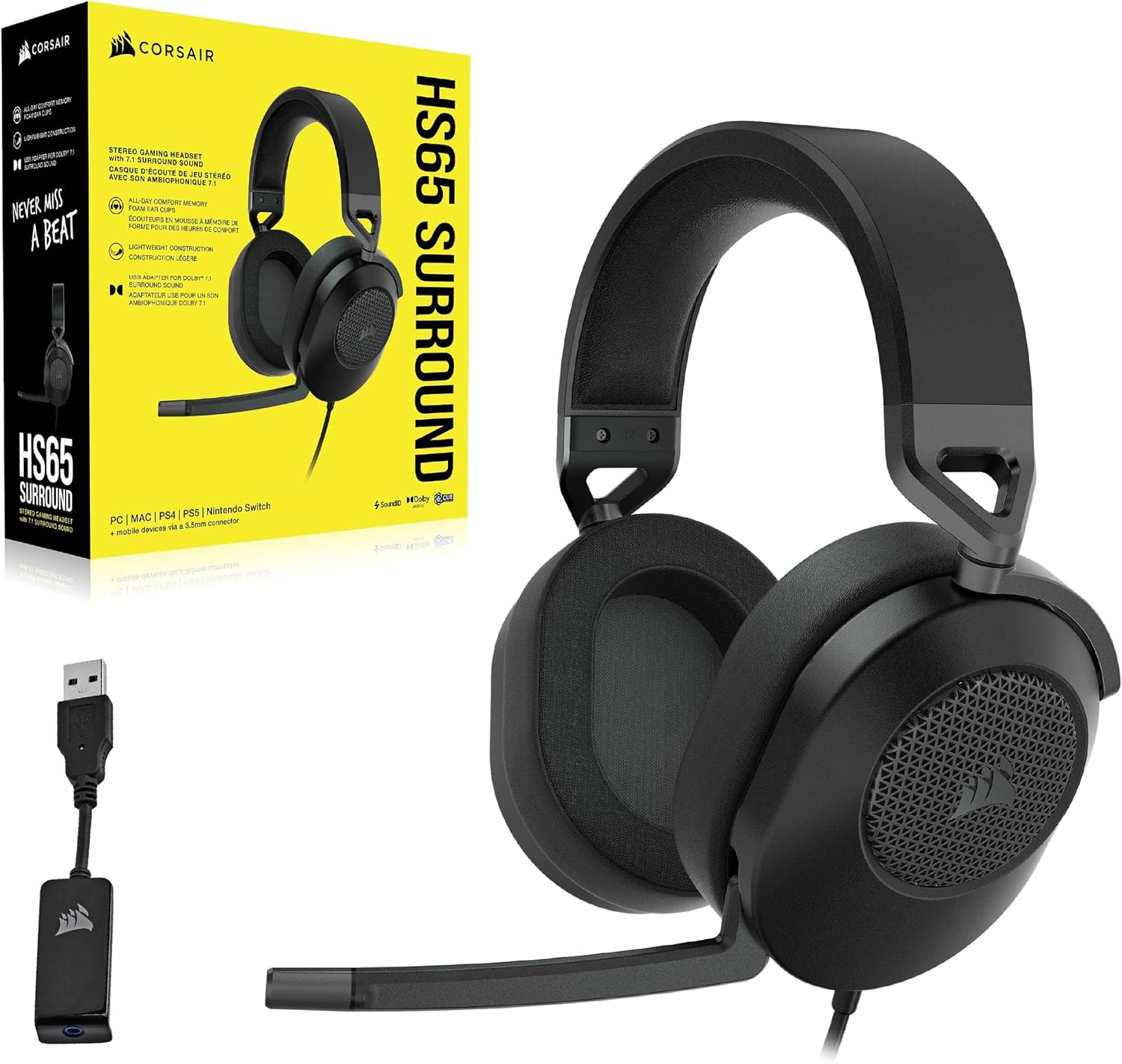 1730897195_759_CORSAIR-HS65-SURROUND-Casque-de-Jeu-Filaire-Multiplateforme-Son CORSAIR HS65 SURROUND Casque de Jeu Filaire Multiplateforme - Son Surround Dolby 7.1 - SonarWorks SoundID - Compatible iCUE - PC, Mac, PS5, PS4, Xbox, Nintendo Switch, Mobile - Carbon  ( <del>89,99€</del> - 78,66€ ) Shopping 