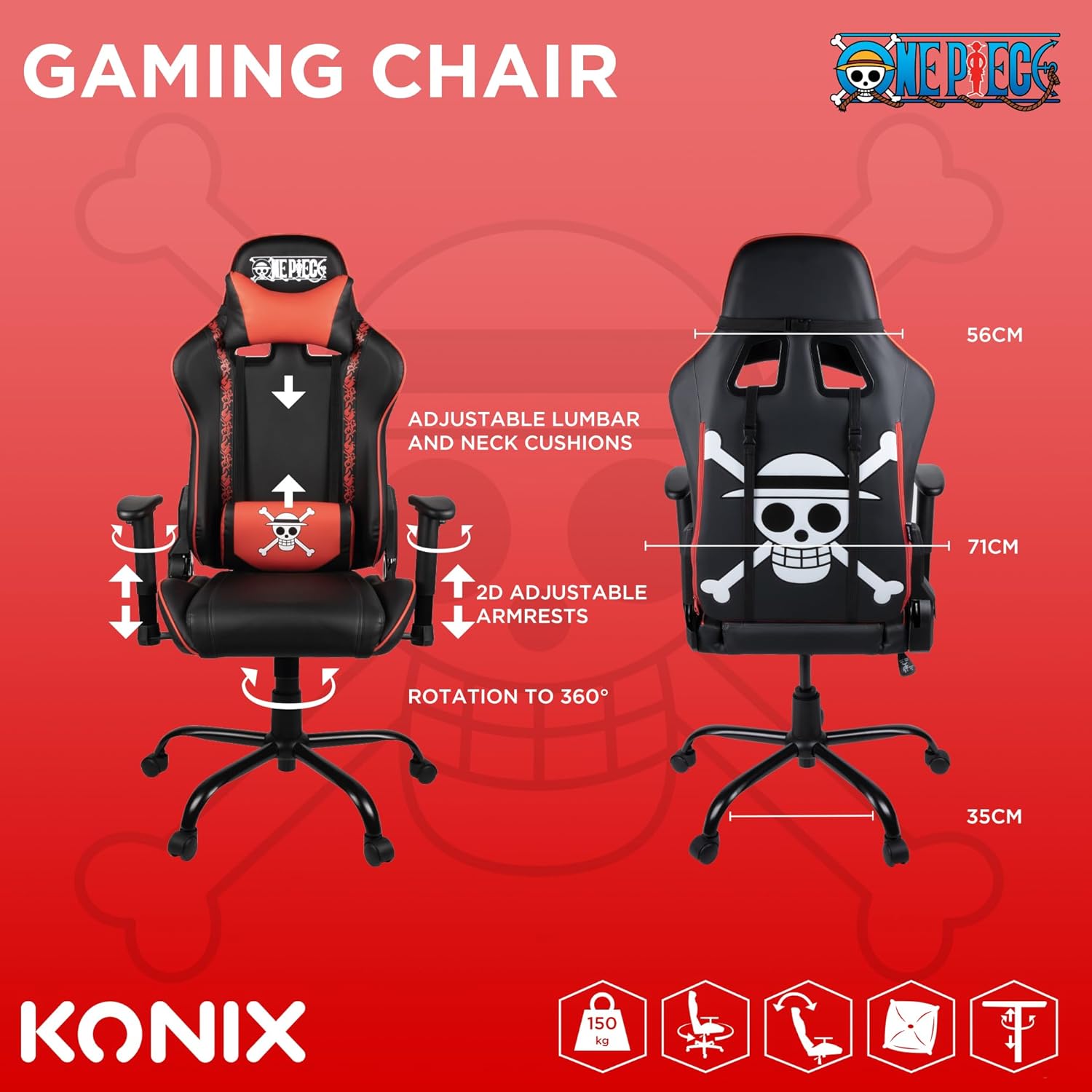 1731175043_346_Konix-One-Piece-Chaise-de-Bureau-Gaming-Inclinaison-siege Konix One Piece Chaise de Bureau Gaming - Inclinaison siège 150° - Cuir polyuréthane - Coussin lombaires et cervicaux réglable - Appui-tête - Noir  ( <del>151,99 €</del> - 179,99€ ) Shopping 