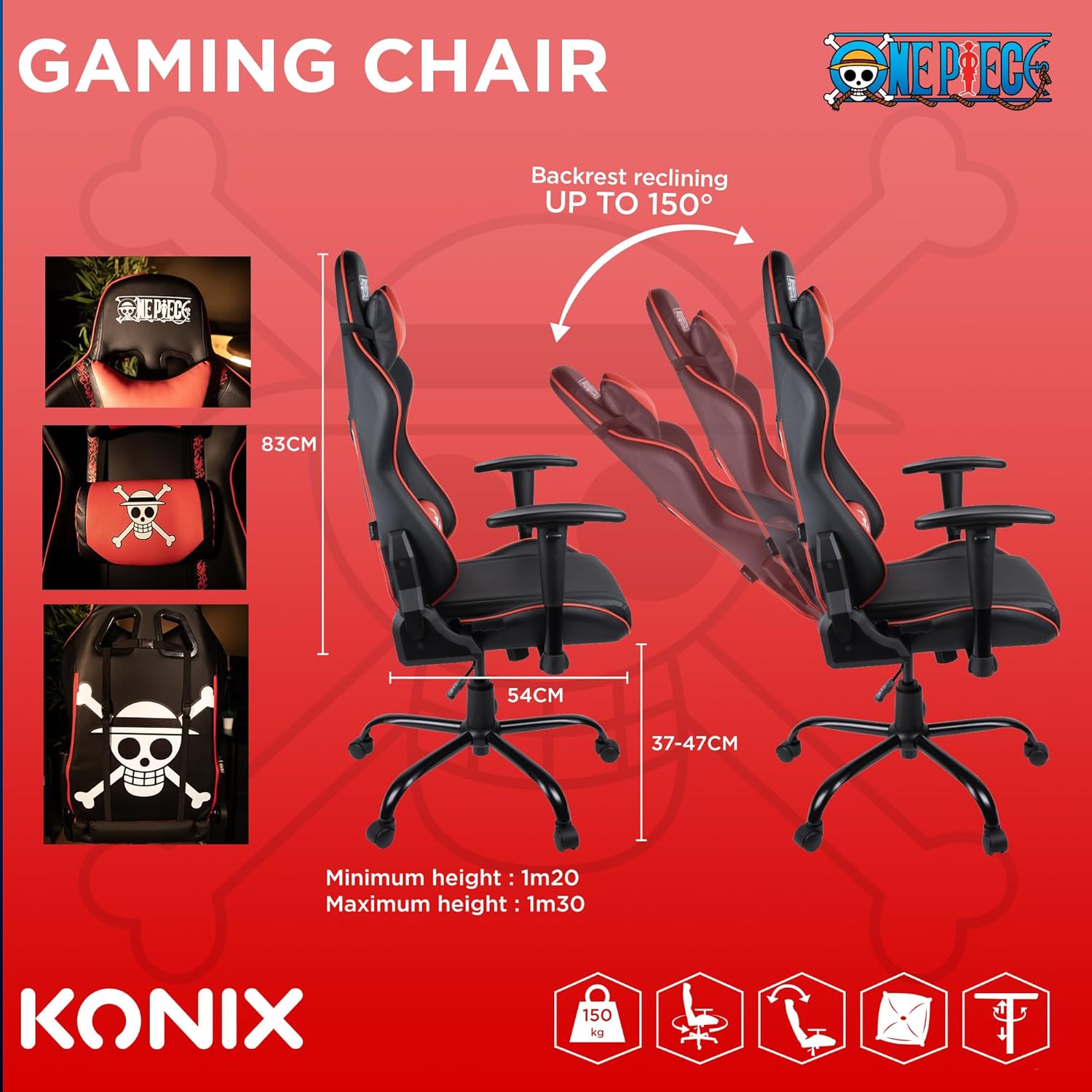 1731175044_36_Konix-One-Piece-Chaise-de-Bureau-Gaming-Inclinaison-siege Konix One Piece Chaise de Bureau Gaming - Inclinaison siège 150° - Cuir polyuréthane - Coussin lombaires et cervicaux réglable - Appui-tête - Noir  ( <del>151,99 €</del> - 179,99€ ) Shopping 