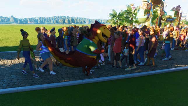   Un artiste du Gulpee Rex se promène dans la foule dans Planet Coaster 2.