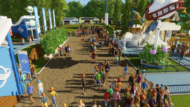 Les visiteurs se promènent dans un nouveau parc à thème dans Planet Coaster 2.