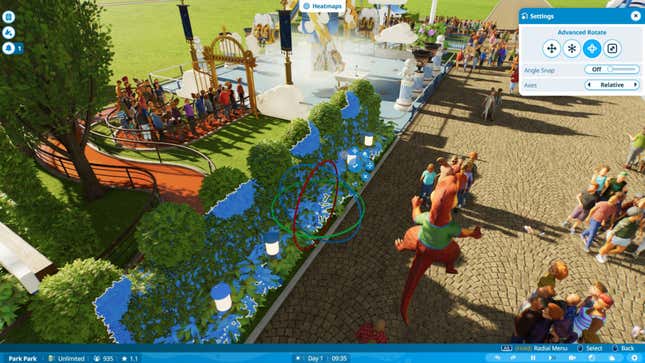 Un menu de raccourcis clavier affiche les options de mouvement pour Planet Coaster 2.