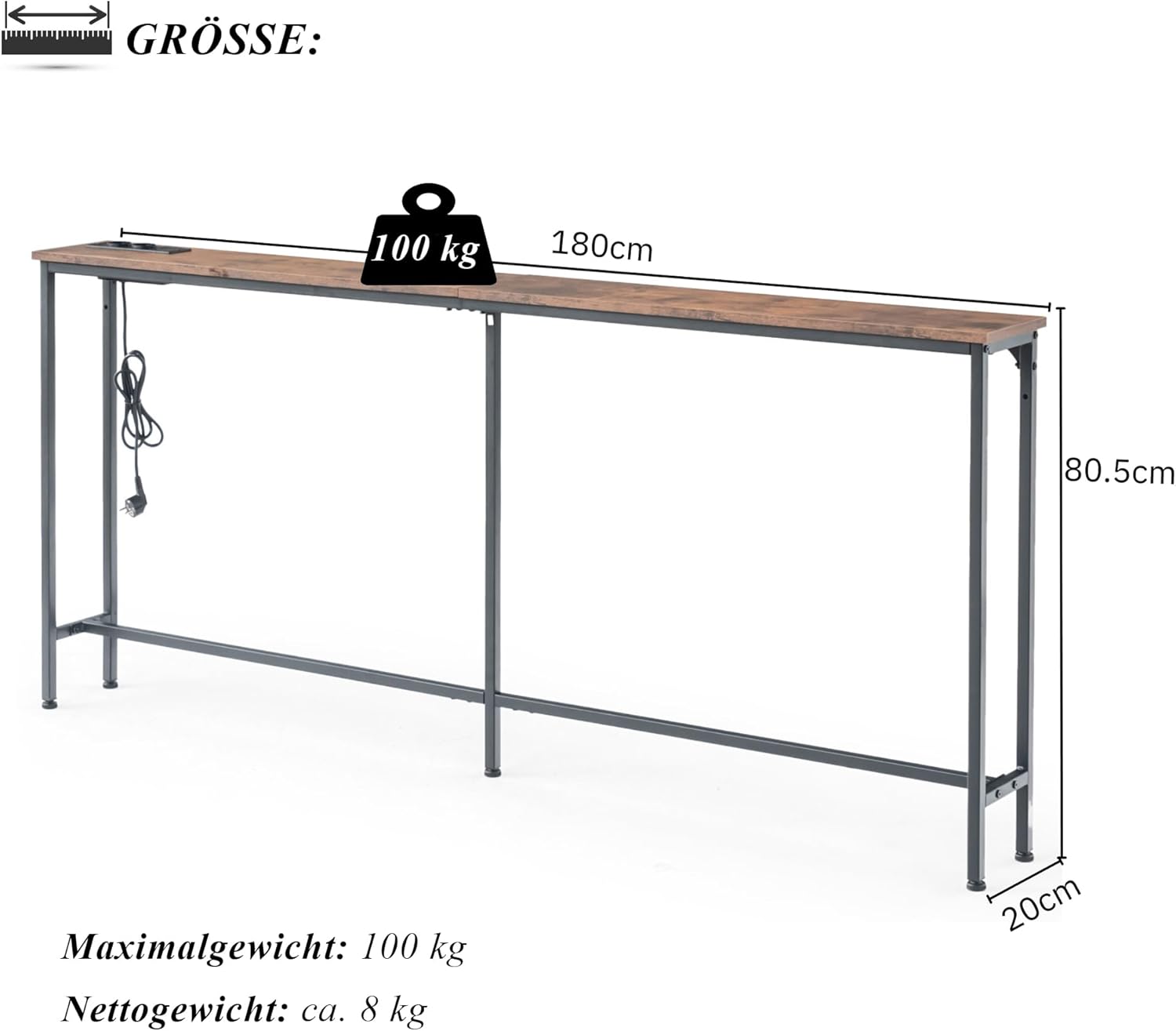 1732235643_771_Liink1Ga-Table-console-etroite-de-180-cm-de-large-avec Liink1Ga Table console étroite de 180 cm de large avec prise de courant, pour couloir, foyer, véranda, balcon, salon, marron et noir, 180 x 20 x 80 cm  ( <del>143,12 €</del> - 69,99€ ) Shopping 