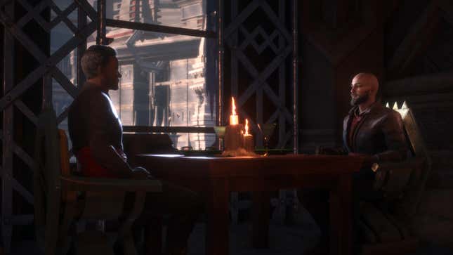 The Inquisitor and Rook sit at a table.