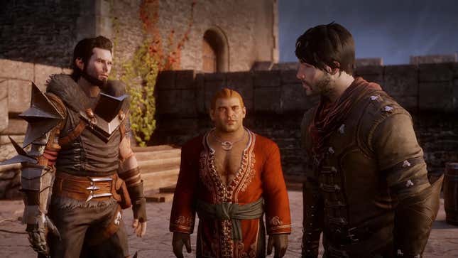 Hawke, Varric, and the Inquisitor speak at Skyhold.