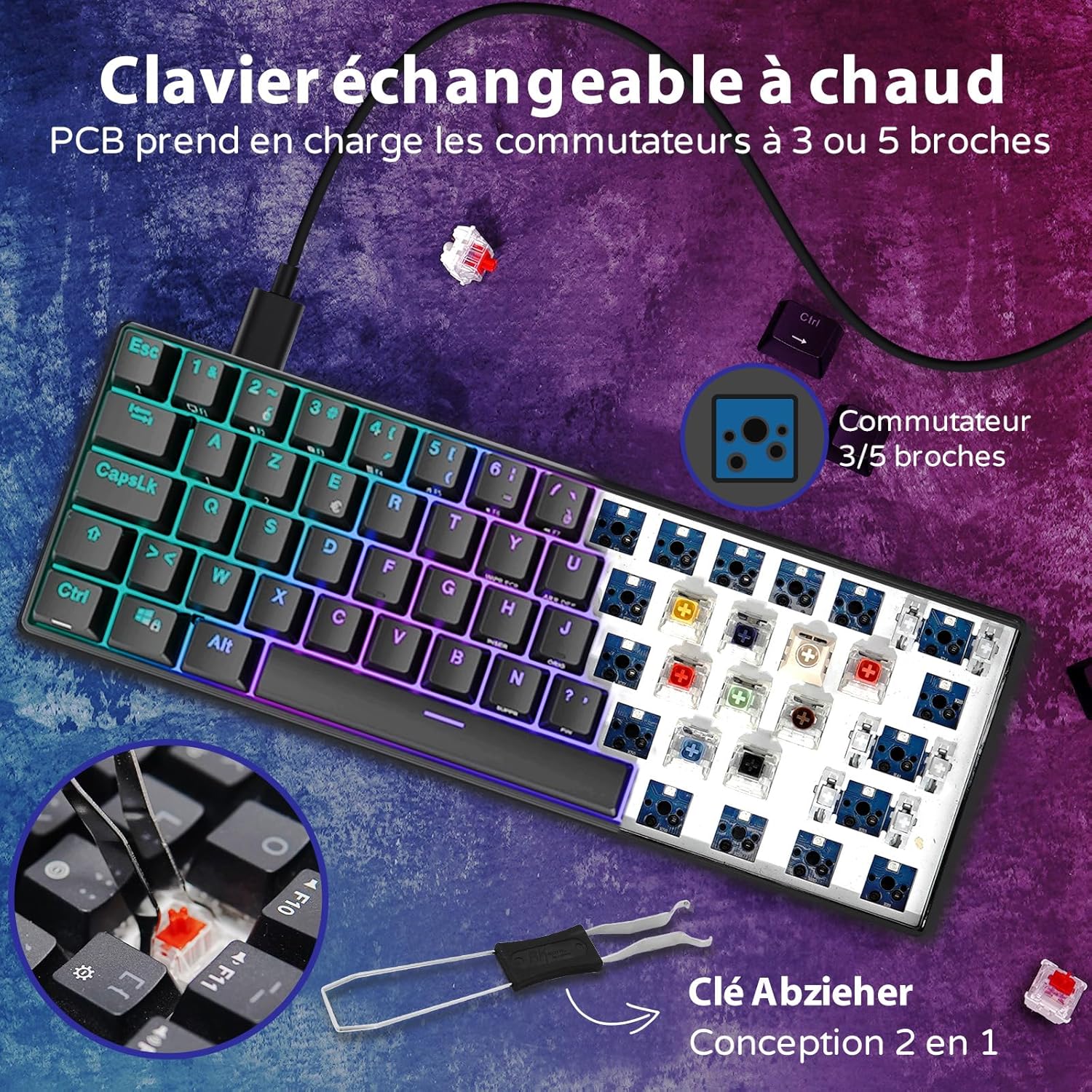 1732294493_413_RK-ROYAL-KLUDGE-RK61-Clavier-Gaming-sans-Fil-AZERTY-Mecanique RK ROYAL KLUDGE RK61 Clavier Gaming sans Fil, AZERTY Mecanique 60% Bluetooth/2.4Ghz/USB-C Interrupteur Rouge Remplaçable à Chaud Compatible avec MacBook/iPad/Mac OS/Windows PC Tablette, Noir  ( <del>79,99€</del> - 67,99€ ) Shopping 